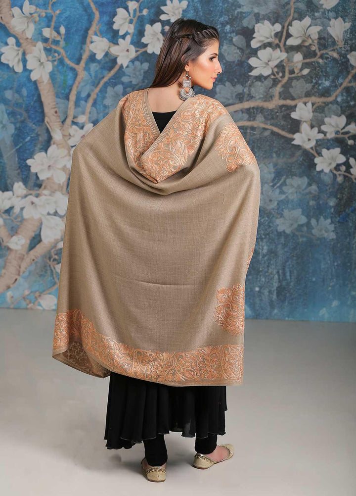 Sanaulla Exclusive Range Embroidered Pashmina  Shawl SU21PP MIR-26 Brown 8 - Pure Pashmina Shawls