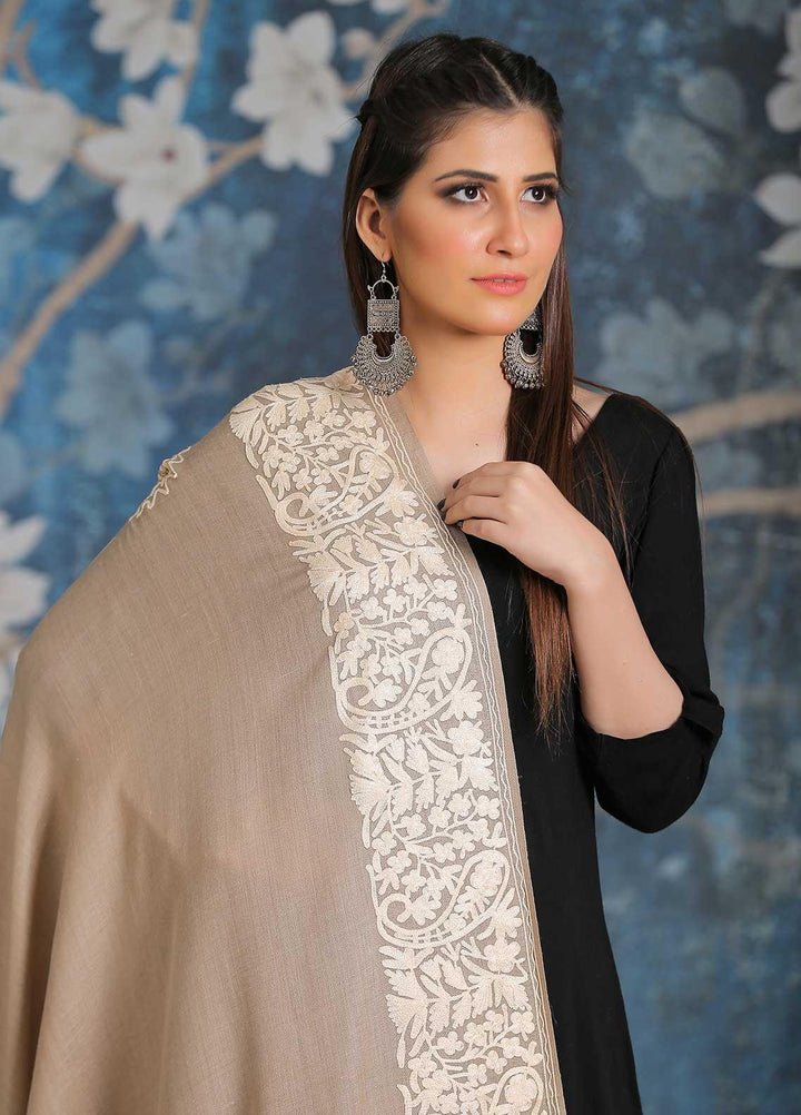 Sanaulla Exclusive Range Embroidered Pashmina  Shawl SU21PP MIR-26 Fawn 3 - Pure Pashmina Shawls