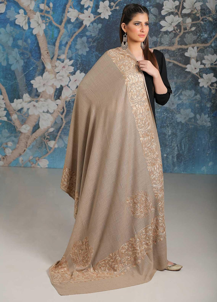 Sanaulla Exclusive Range Embroidered Pashmina  Shawl SU21PP MIR-26 Fawn 4 - Pure Pashmina Shawls