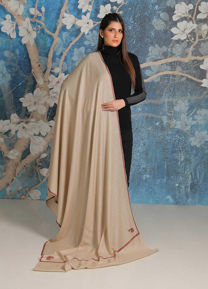 Sanaulla Exclusive Range Embroidered Pashmina  Shawl SU21PP MIR-27 Fawn 1 - Pure Pashmina Shawls