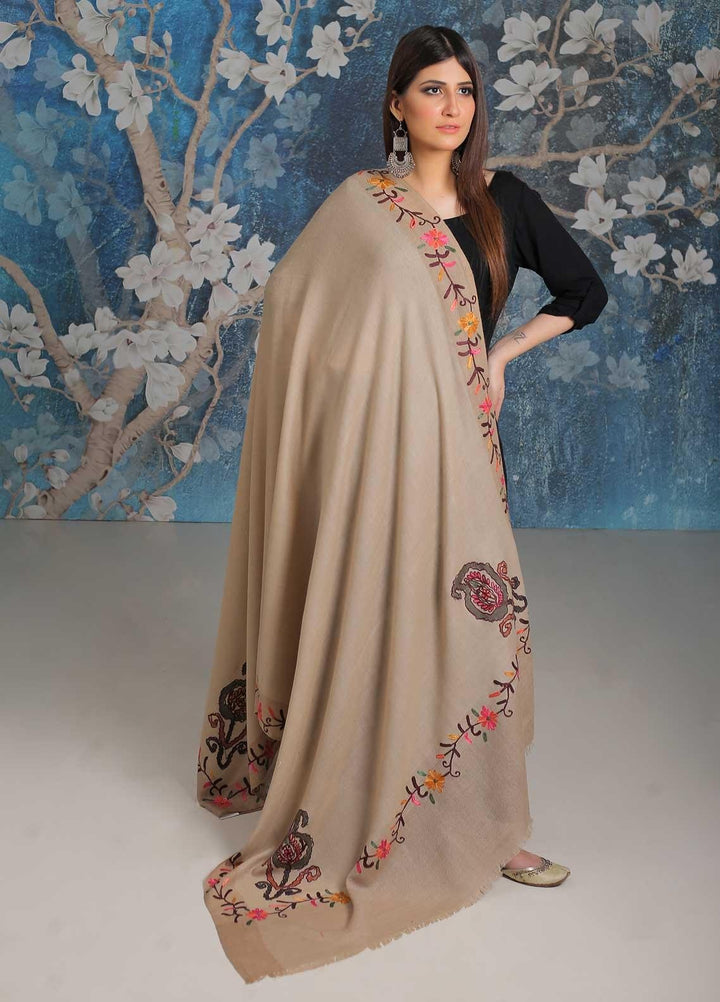 Sanaulla Exclusive Range Embroidered Pashmina  Shawl MIR-28 Brown 3 - Pashmina Shawls