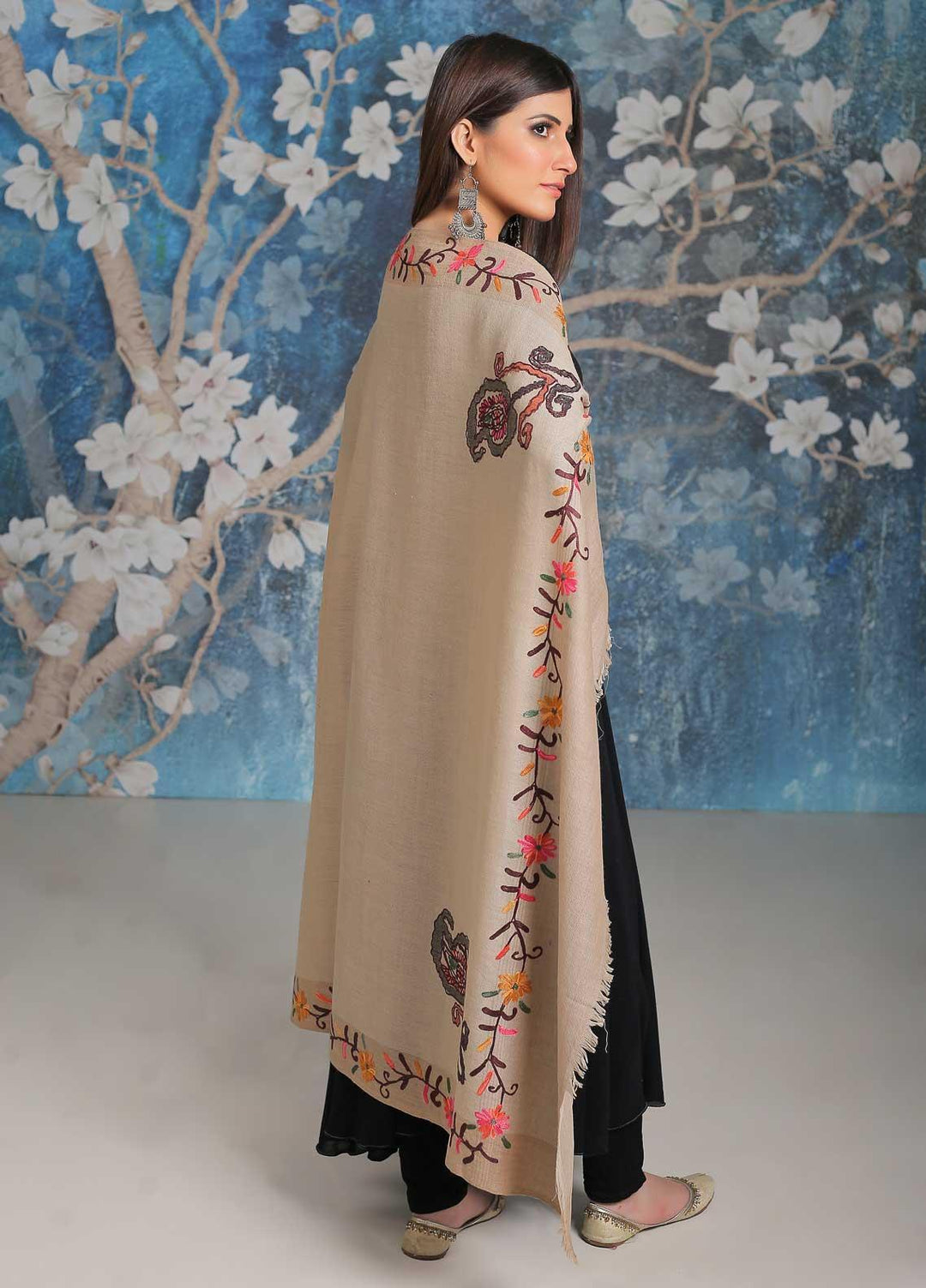 Sanaulla Exclusive Range Embroidered Pashmina  Shawl MIR-28 Brown 3 - Pashmina Shawls