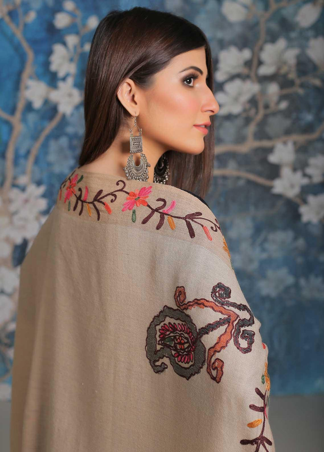 Sanaulla Exclusive Range Embroidered Pashmina  Shawl MIR-28 Brown 3 - Pashmina Shawls