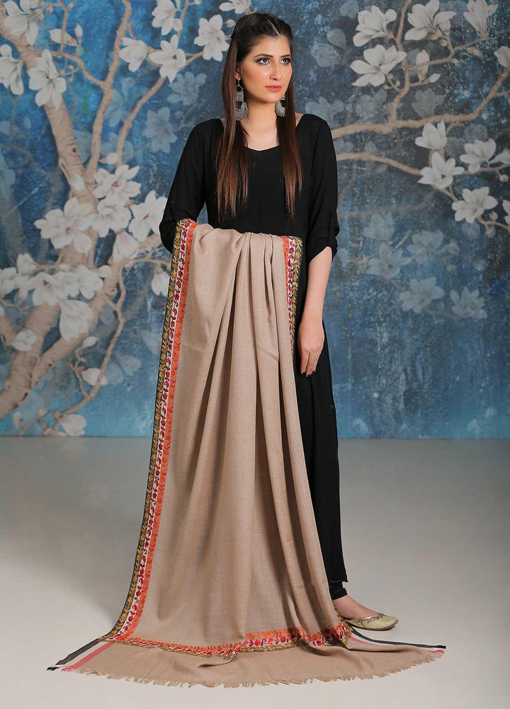 Sanaulla Exclusive Range Embroidered Pashmina  Shawl MIR-28 Fawn 1 - Pashmina Shawls