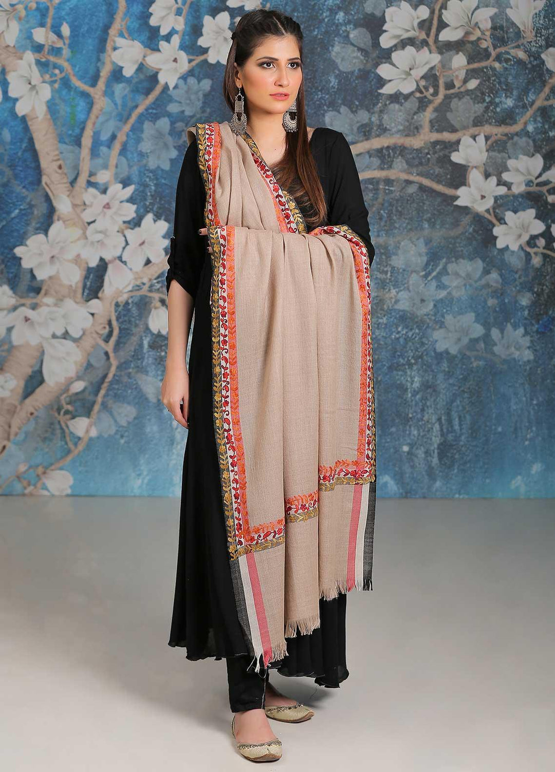 Sanaulla Exclusive Range Embroidered Pashmina  Shawl MIR-28 Fawn 1 - Pashmina Shawls