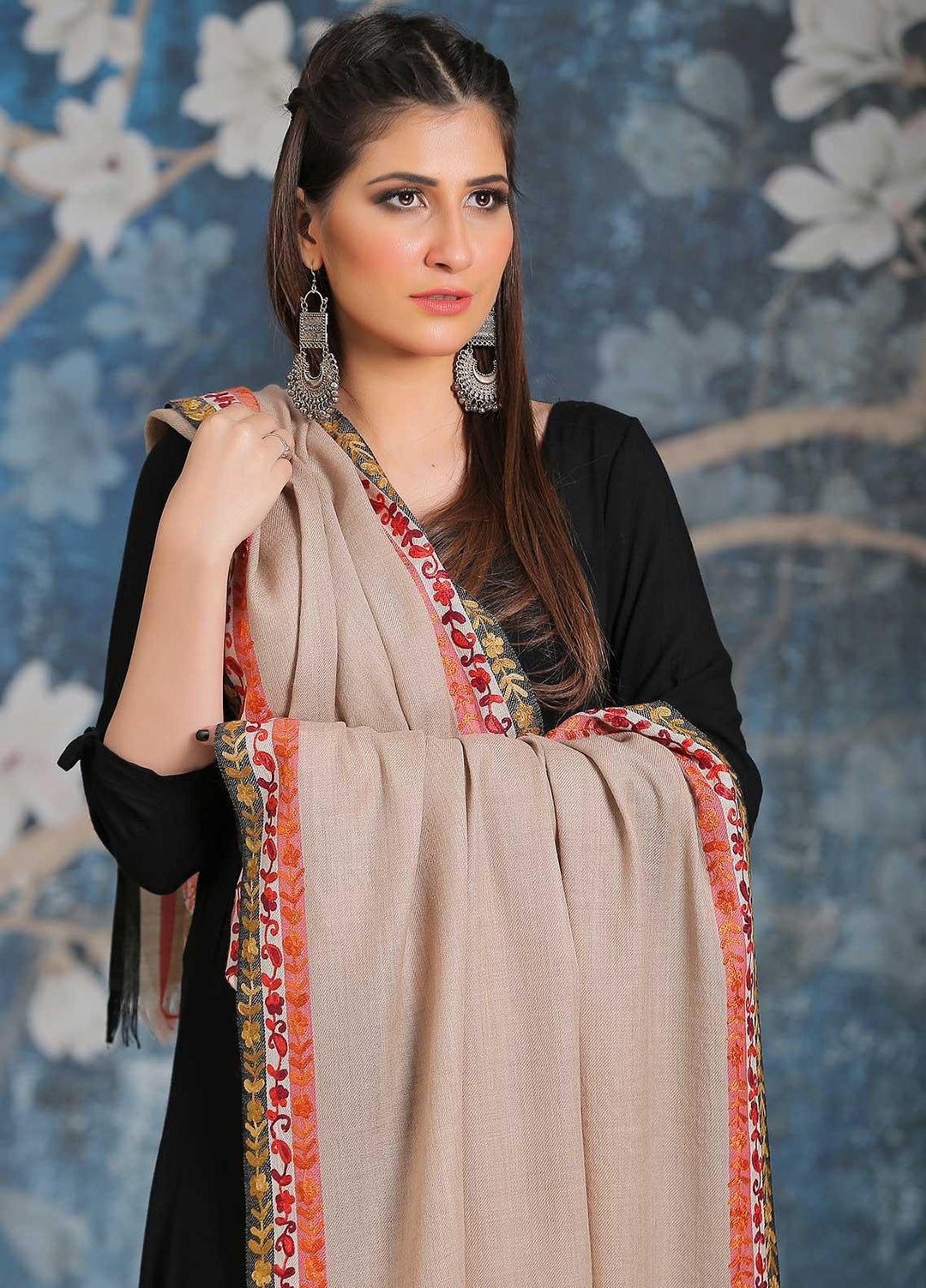Sanaulla Exclusive Range Embroidered Pashmina  Shawl MIR-28 Fawn 1 - Pashmina Shawls