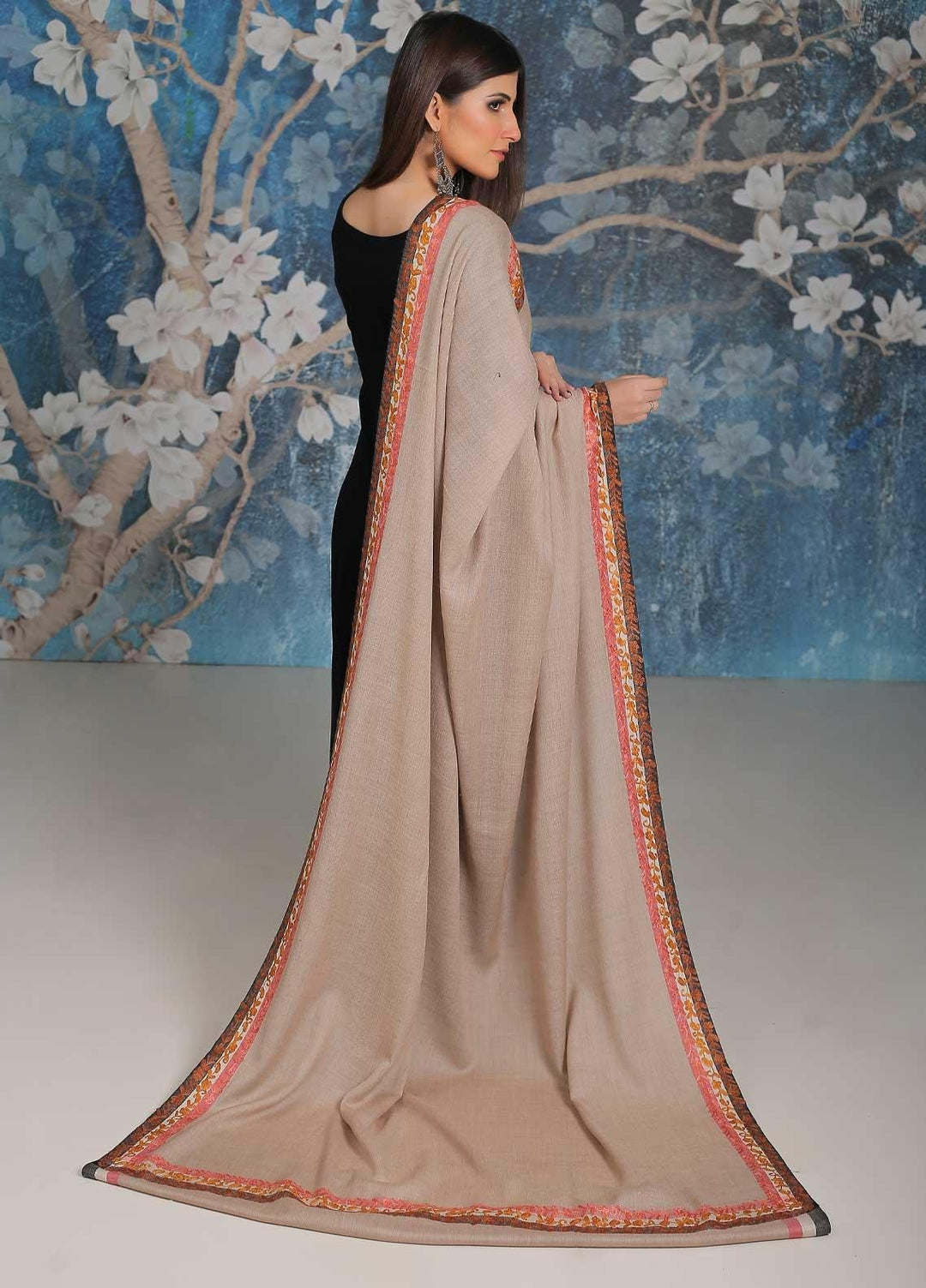 Sanaulla Exclusive Range Embroidered Pashmina  Shawl MIR-28 Fawn 2 - Pashmina Shawls