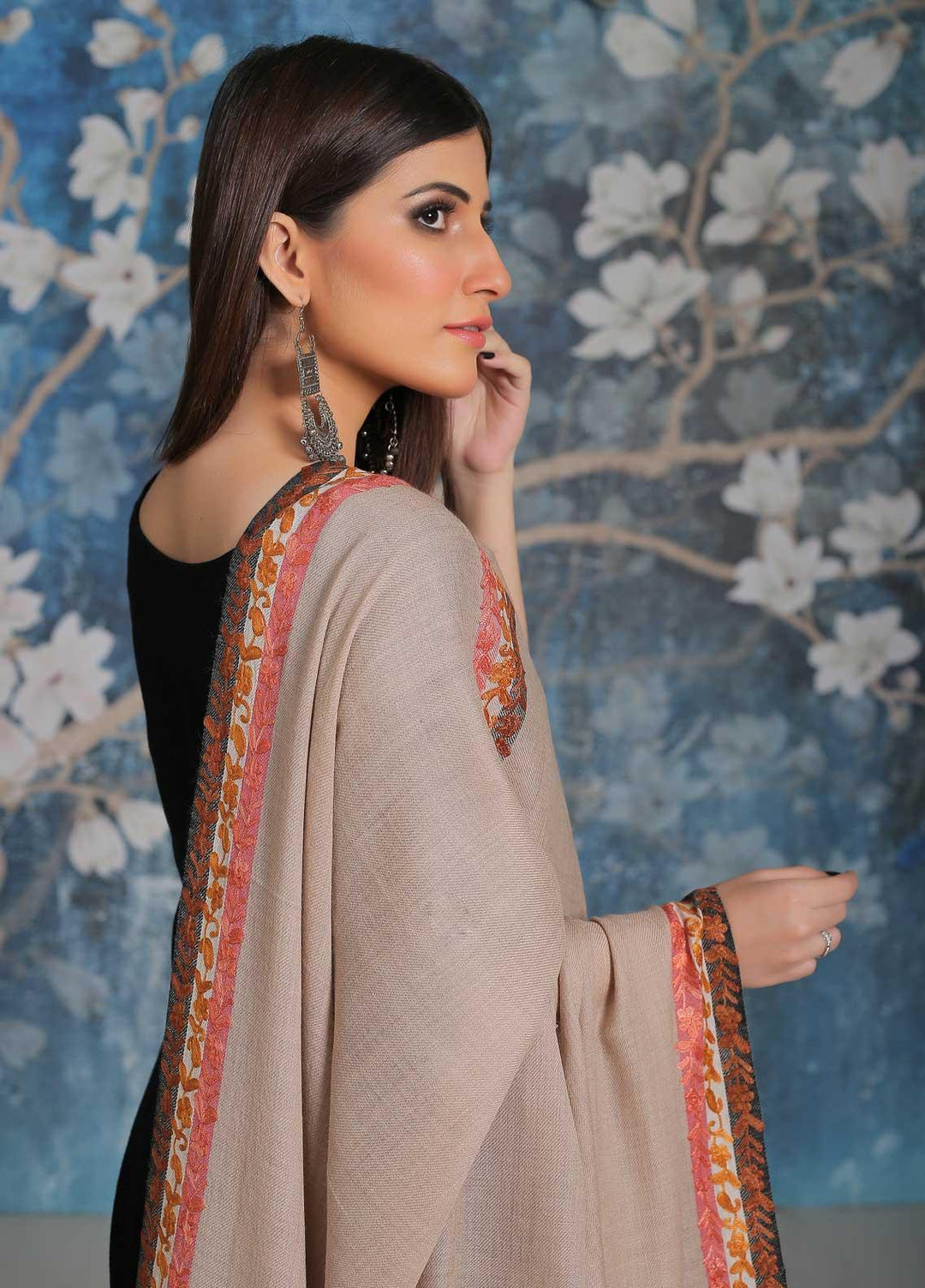 Sanaulla Exclusive Range Embroidered Pashmina  Shawl MIR-28 Fawn 2 - Pashmina Shawls
