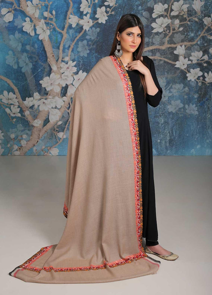 Sanaulla Exclusive Range Embroidered Pashmina  Shawl MIR-28 Fawn 3 - Pashmina Shawls