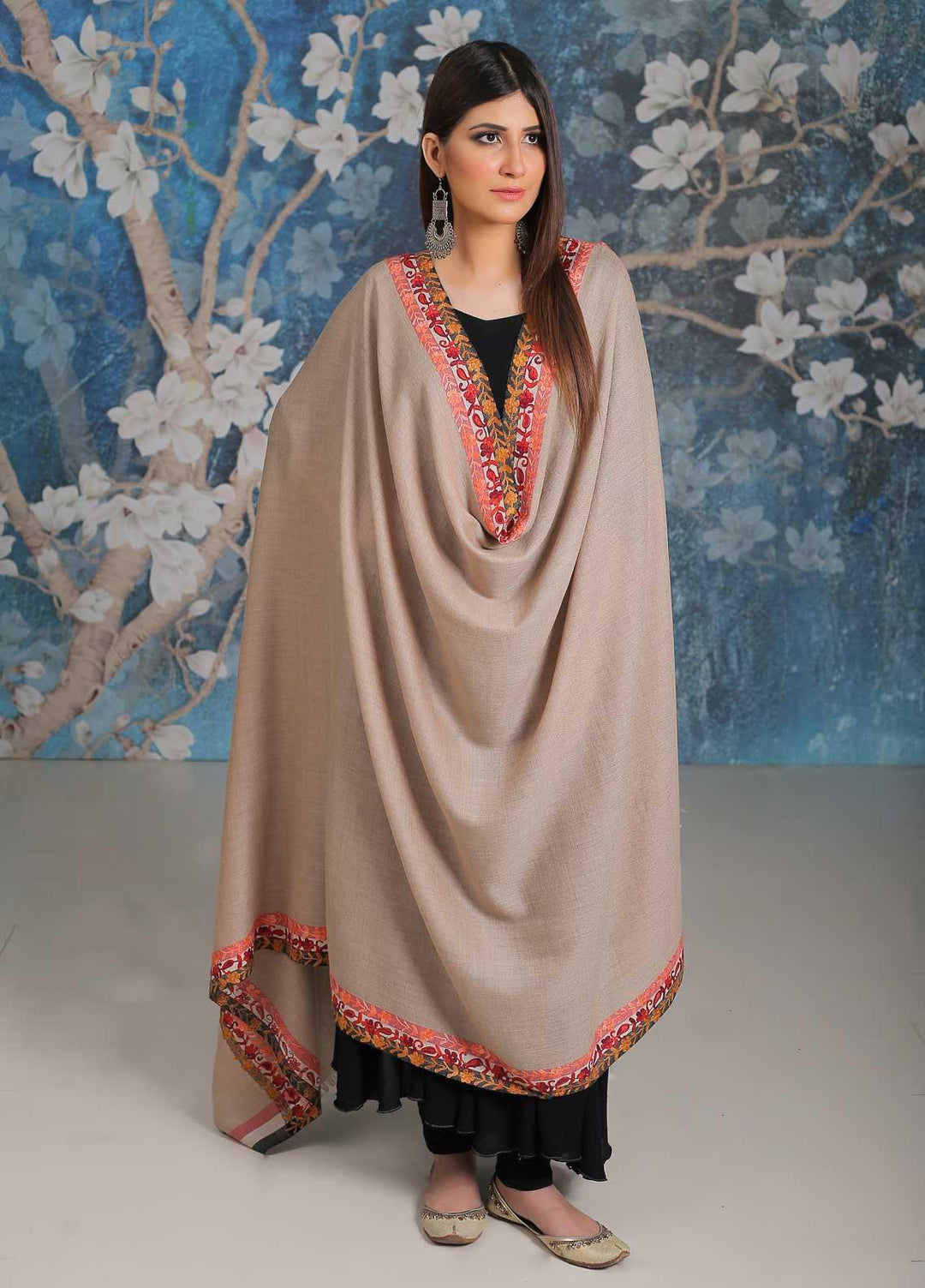Sanaulla Exclusive Range Embroidered Pashmina  Shawl MIR-28 Fawn 3 - Pashmina Shawls