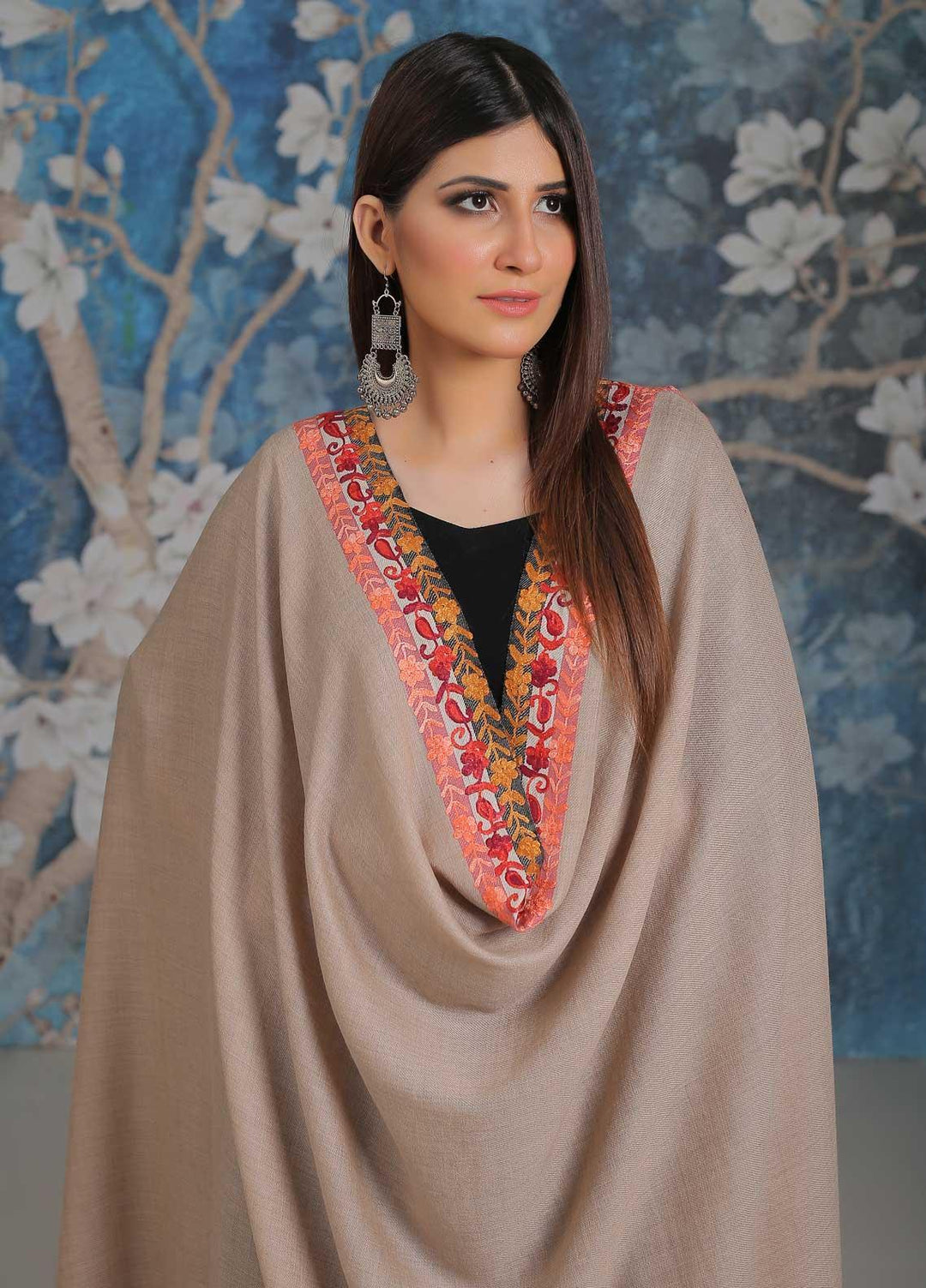 Sanaulla Exclusive Range Embroidered Pashmina  Shawl MIR-28 Fawn 3 - Pashmina Shawls
