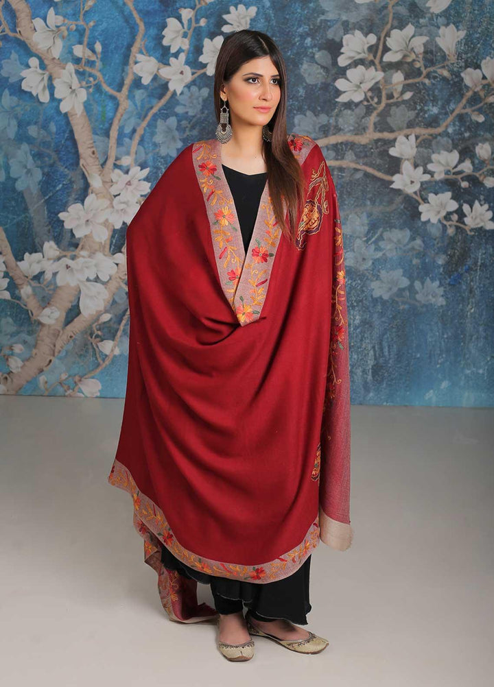 Sanaulla Exclusive Range Embroidered Pashmina  Shawl MIR-28 Maroon 2 - Pashmina Shawls