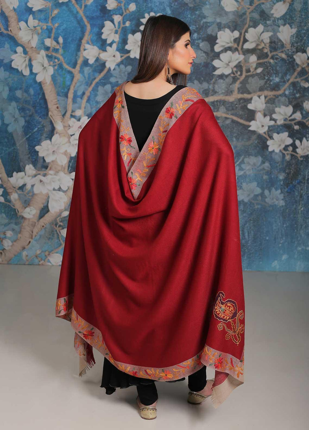 Sanaulla Exclusive Range Embroidered Pashmina  Shawl MIR-28 Maroon 2 - Pashmina Shawls