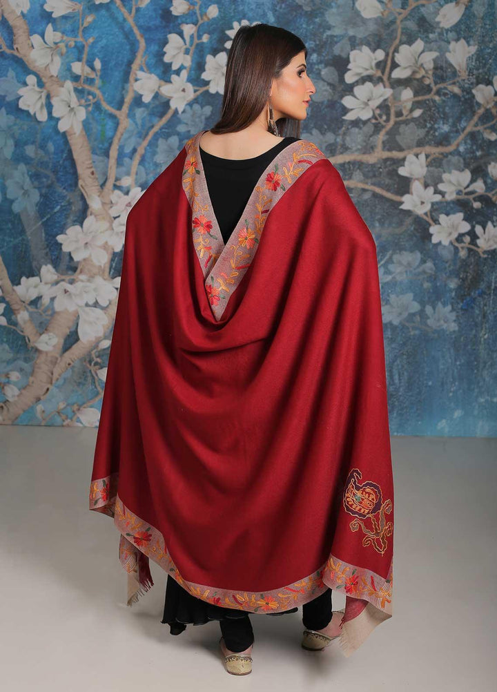 Sanaulla Exclusive Range Embroidered Pashmina  Shawl MIR-28 Maroon 2 - Pashmina Shawls