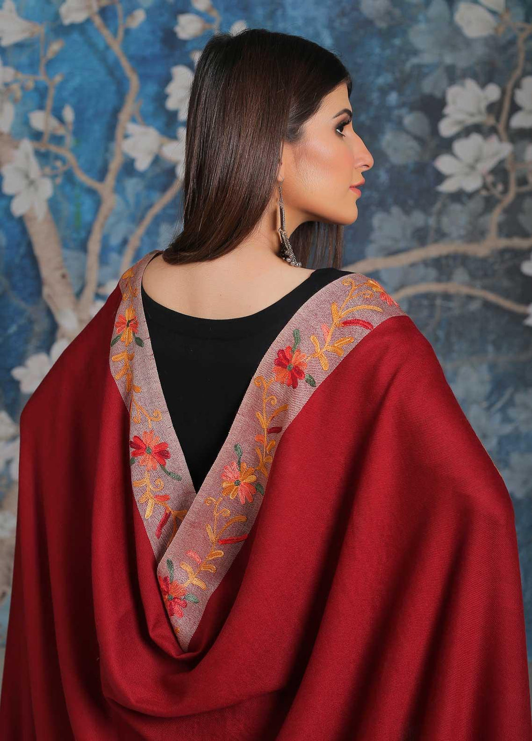 Sanaulla Exclusive Range Embroidered Pashmina  Shawl MIR-28 Maroon 2 - Pashmina Shawls