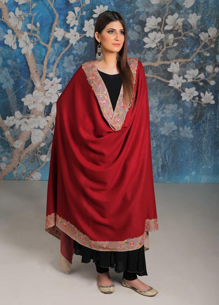 Sanaulla Exclusive Range Embroidered Pashmina  Shawl MIR-28 Maroon 3 - Pashmina Shawls