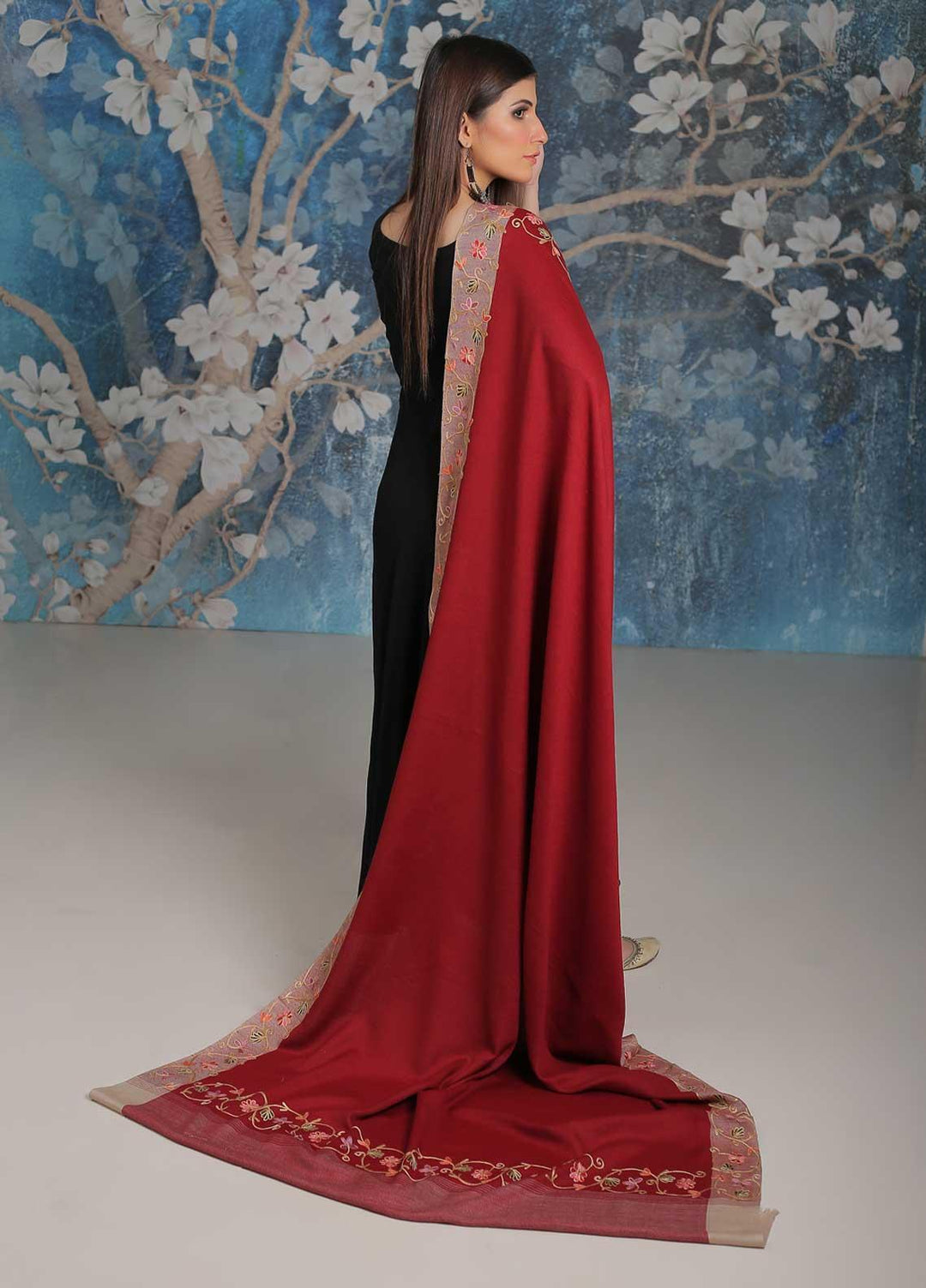 Sanaulla Exclusive Range Embroidered Pashmina  Shawl MIR-28 Maroon 3 - Pashmina Shawls