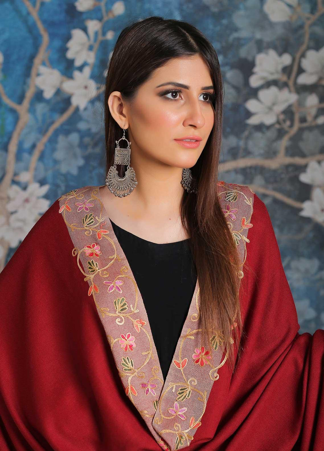 Sanaulla Exclusive Range Embroidered Pashmina  Shawl MIR-28 Maroon 3 - Pashmina Shawls