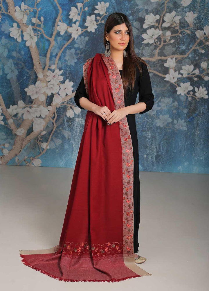 Sanaulla Exclusive Range Embroidered Pashmina  Shawl MIR-28 Maroon 4 - Pashmina Shawls
