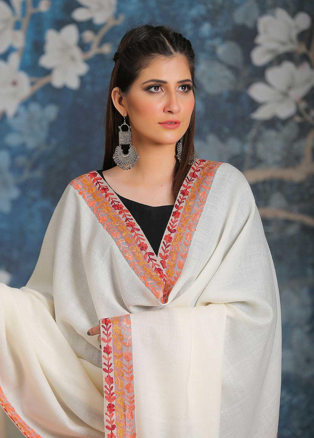 Sanaulla Exclusive Range Embroidered Pashmina  Shawl SU21PP MIR-28 Off White 2 - Pure Pashmina Shawls