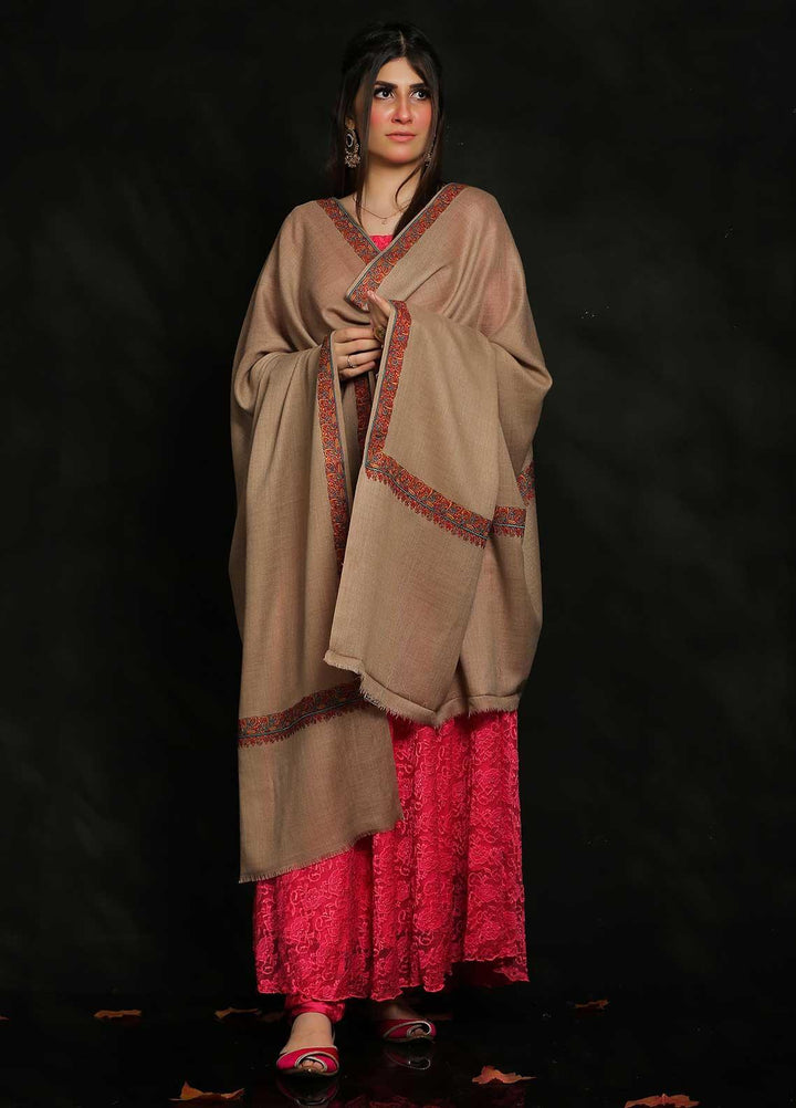 Sanaulla Exclusive Range Embroidered Pashmina  Shawl MIR-29 Brown 1 - Pashmina Shawls