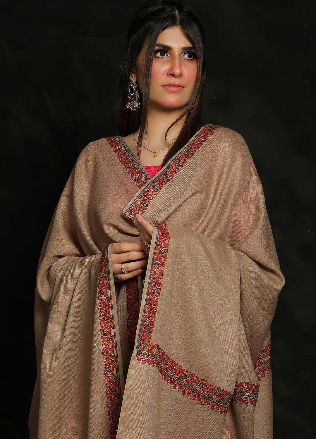 Sanaulla Exclusive Range Embroidered Pashmina  Shawl MIR-29 Brown 1 - Pashmina Shawls