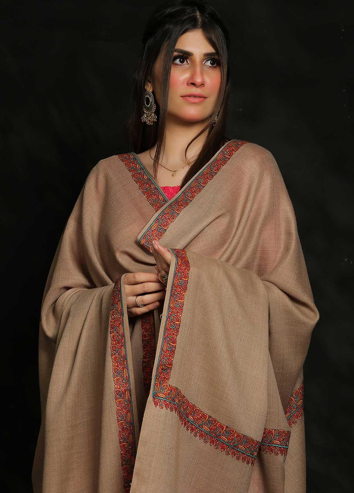 Sanaulla Exclusive Range Embroidered Pashmina  Shawl MIR-29 Brown 1 - Pashmina Shawls