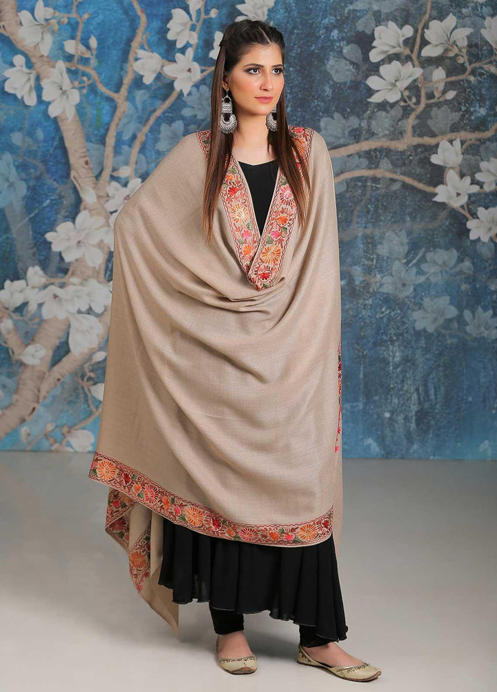 Sanaulla Exclusive Range Embroidered Pashmina  Shawl MIR-34 Fawn 10 - Pashmina Shawls