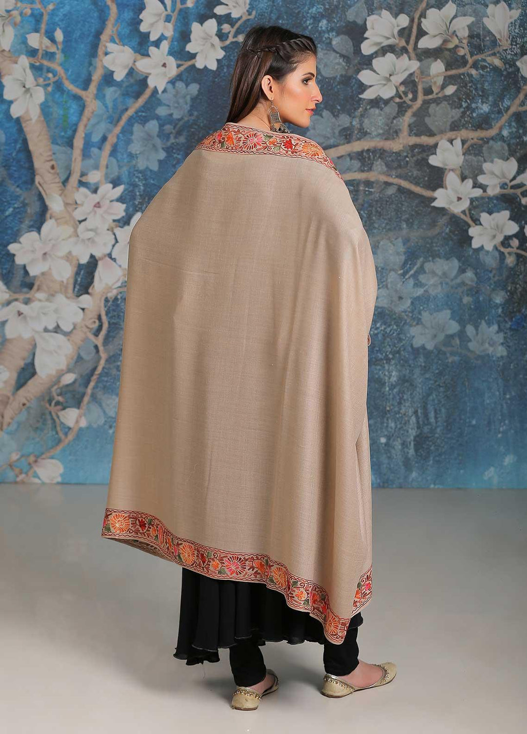Sanaulla Exclusive Range Embroidered Pashmina  Shawl MIR-34 Fawn 10 - Pashmina Shawls