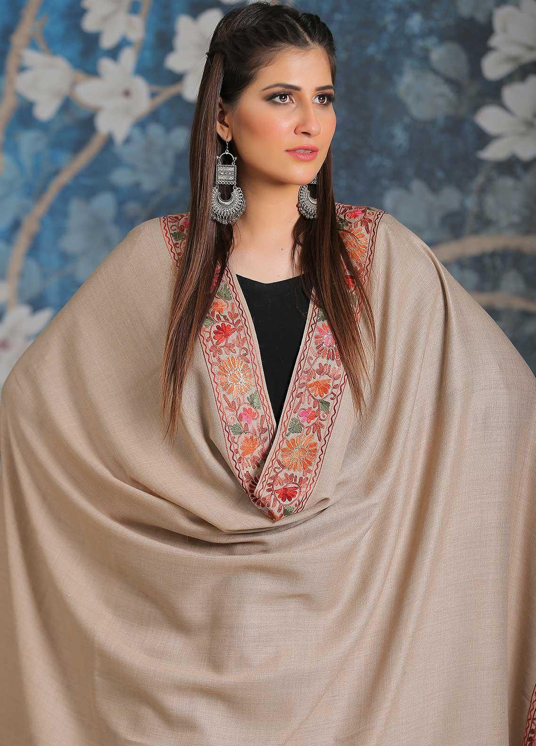 Sanaulla Exclusive Range Embroidered Pashmina  Shawl MIR-34 Fawn 10 - Pashmina Shawls