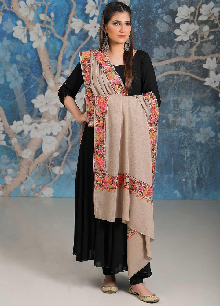 Sanaulla Exclusive Range Embroidered Pashmina  Shawl MIR-34 Fawn 11 - Pashmina Shawls