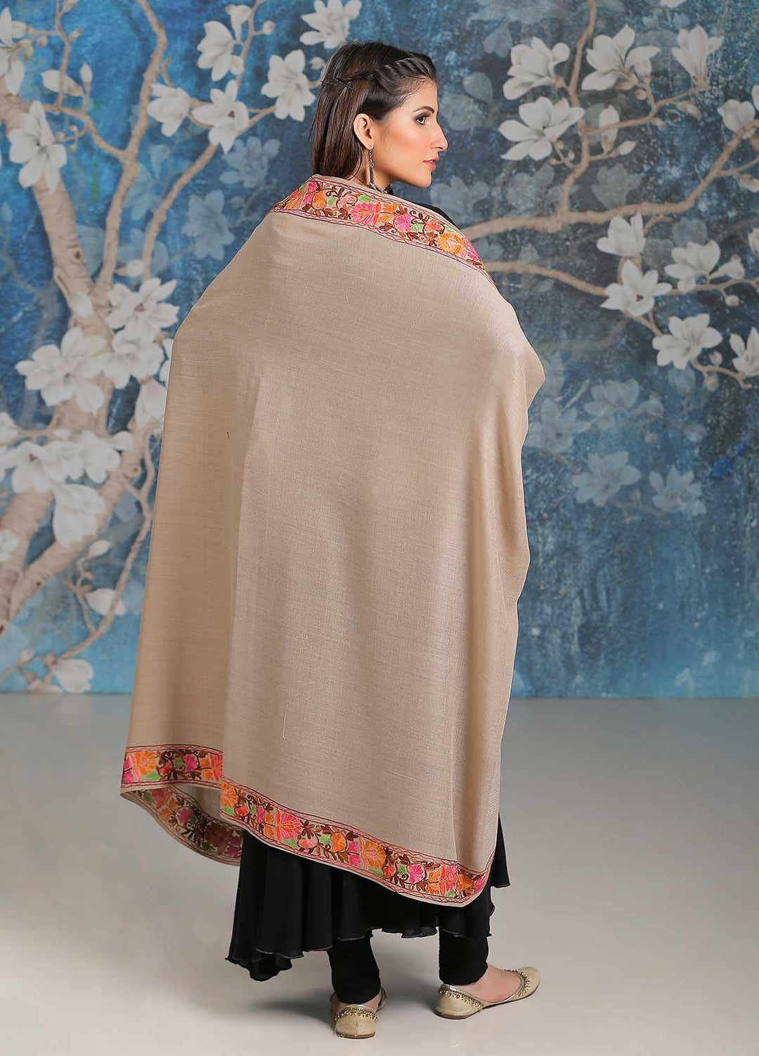 Sanaulla Exclusive Range Embroidered Pashmina  Shawl MIR-34 Fawn 11 - Pashmina Shawls