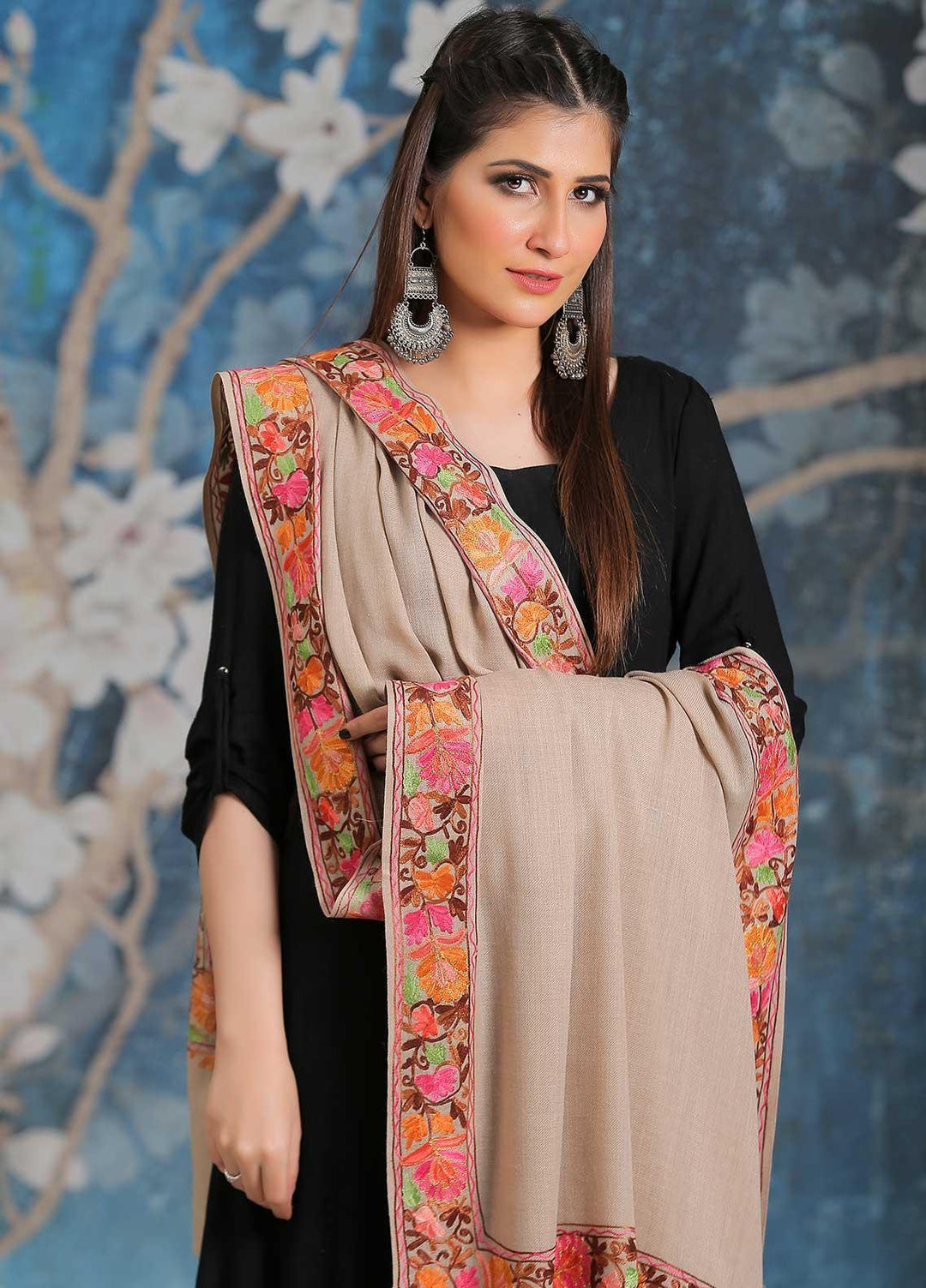 Sanaulla Exclusive Range Embroidered Pashmina  Shawl MIR-34 Fawn 11 - Pashmina Shawls