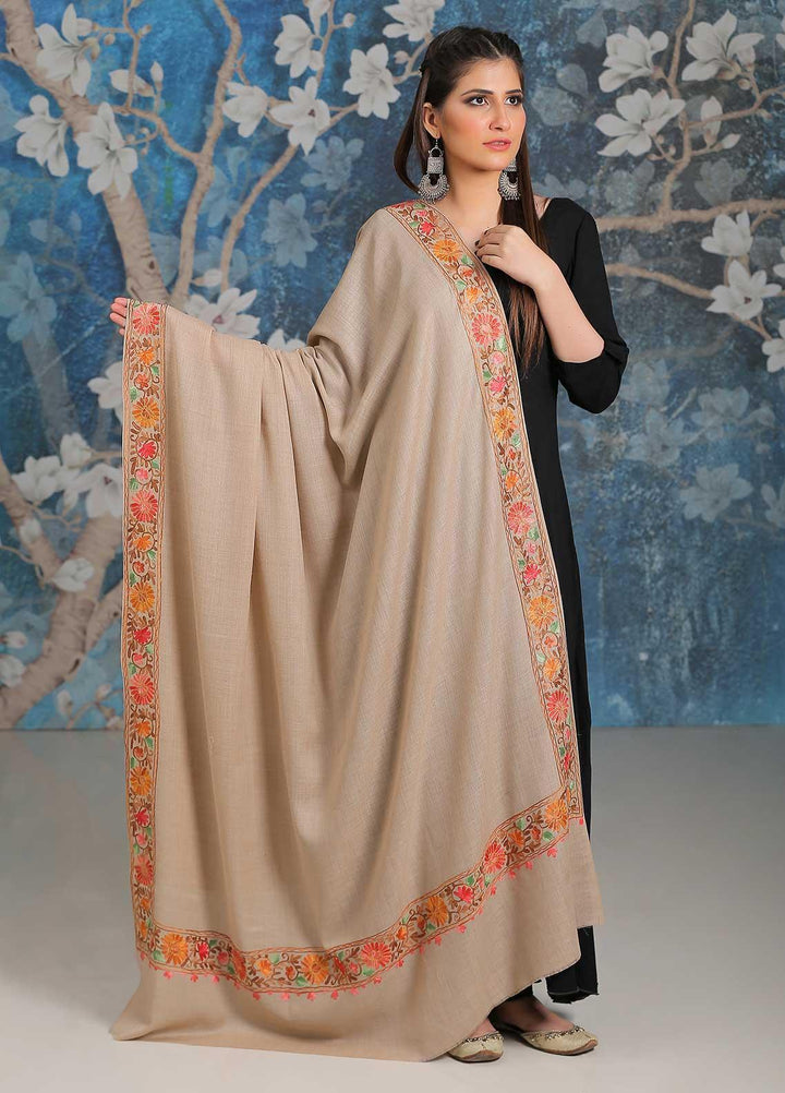 Sanaulla Exclusive Range Embroidered Pashmina  Shawl MIR-34 Fawn 13 - Pashmina Shawls