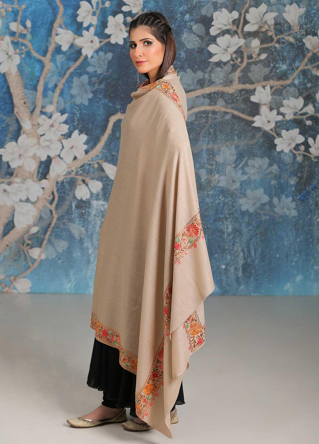 Sanaulla Exclusive Range Embroidered Pashmina  Shawl MIR-34 Fawn 13 - Pashmina Shawls