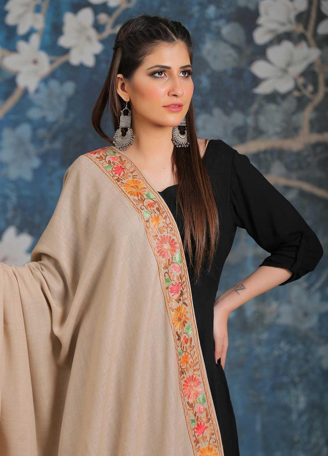Sanaulla Exclusive Range Embroidered Pashmina  Shawl MIR-34 Fawn 13 - Pashmina Shawls