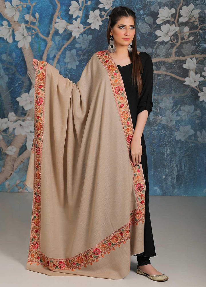 Sanaulla Exclusive Range Embroidered Pashmina  Shawl MIR-34 Fawn 14 - Pashmina Shawls