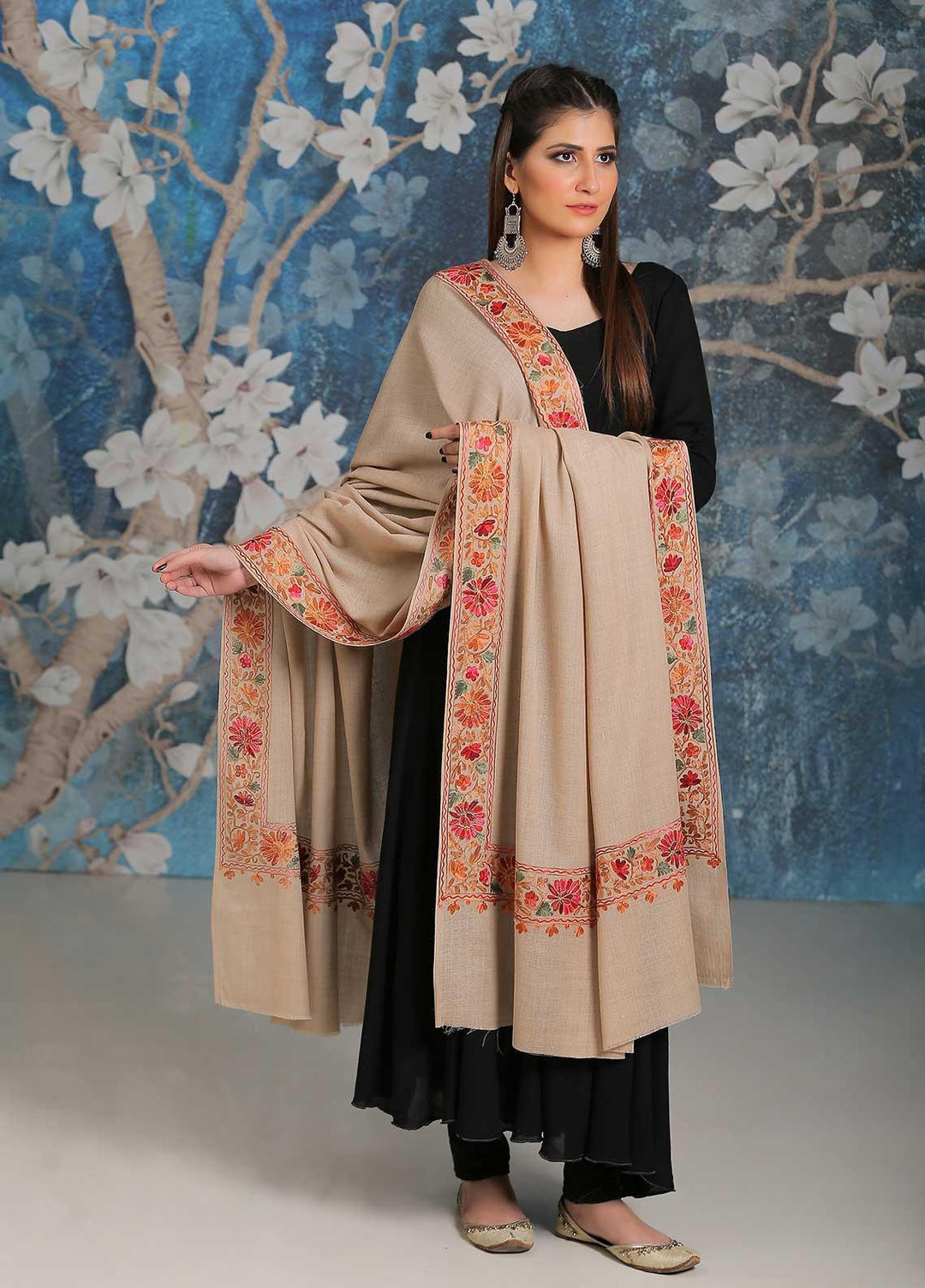 Sanaulla Exclusive Range Embroidered Pashmina  Shawl MIR-34 Fawn 14 - Pashmina Shawls