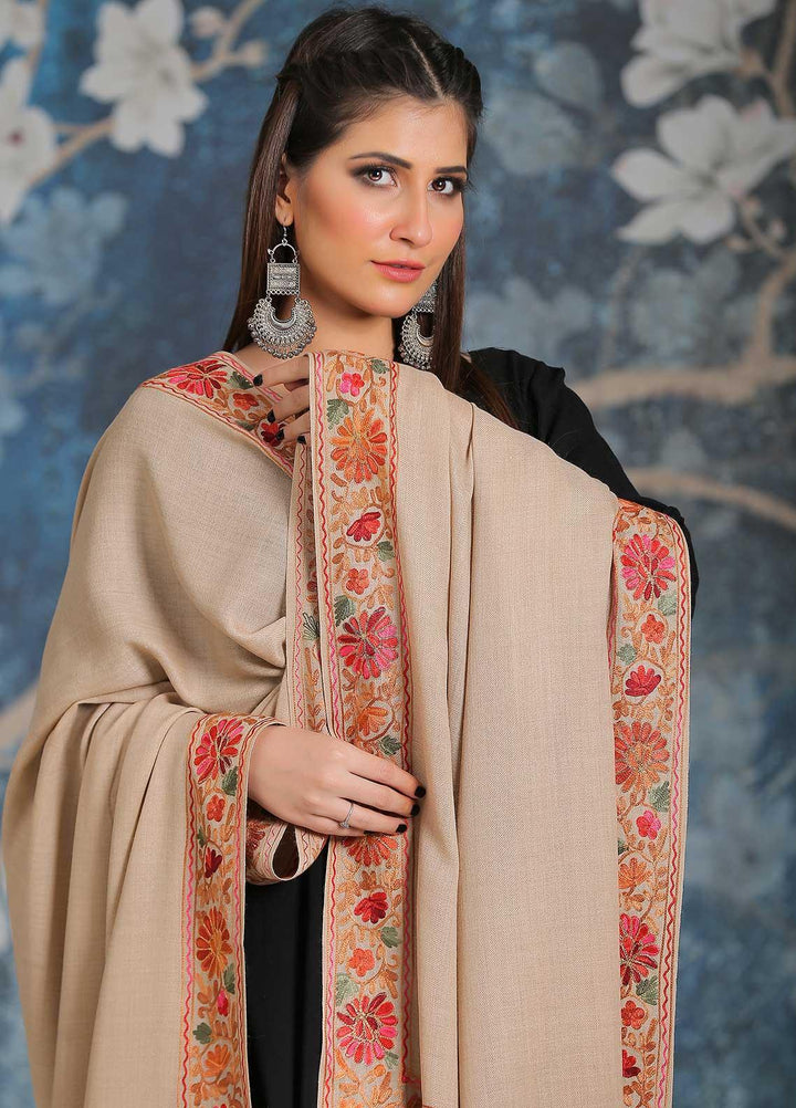 Sanaulla Exclusive Range Embroidered Pashmina  Shawl MIR-34 Fawn 14 - Pashmina Shawls