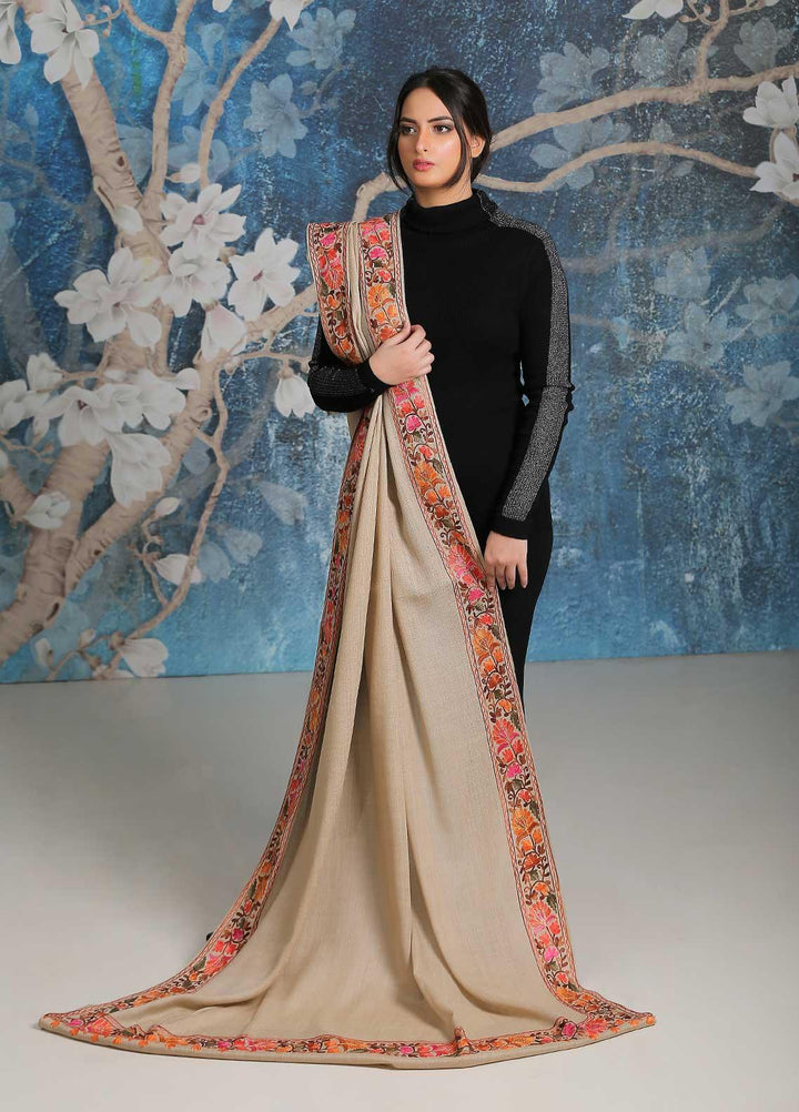 Sanaulla Exclusive Range Embroidered Pashmina  Shawl SU21PP MIR-34 Fawn 15 - Pure Pashmina Shawls