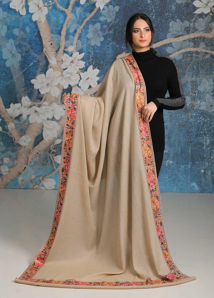 Sanaulla Exclusive Range Embroidered Pashmina  Shawl SU21PP MIR-34 Fawn 15 - Pure Pashmina Shawls