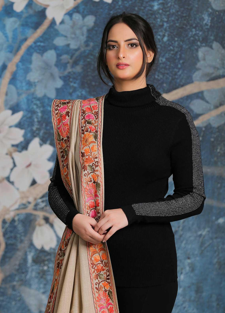 Sanaulla Exclusive Range Embroidered Pashmina  Shawl SU21PP MIR-34 Fawn 15 - Pure Pashmina Shawls
