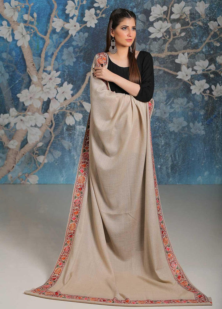 Sanaulla Exclusive Range Embroidered Pashmina  Shawl MIR-34 Fawn 2 - Pashmina Shawls