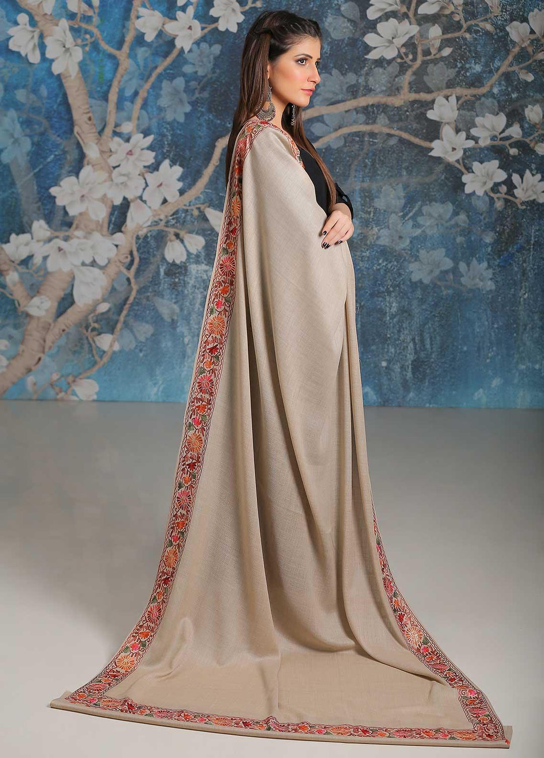 Sanaulla Exclusive Range Embroidered Pashmina  Shawl MIR-34 Fawn 2 - Pashmina Shawls