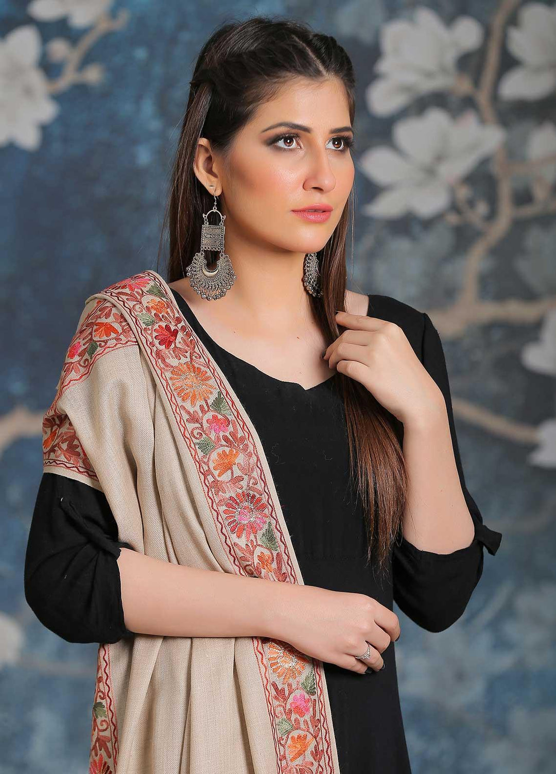 Sanaulla Exclusive Range Embroidered Pashmina  Shawl MIR-34 Fawn 2 - Pashmina Shawls