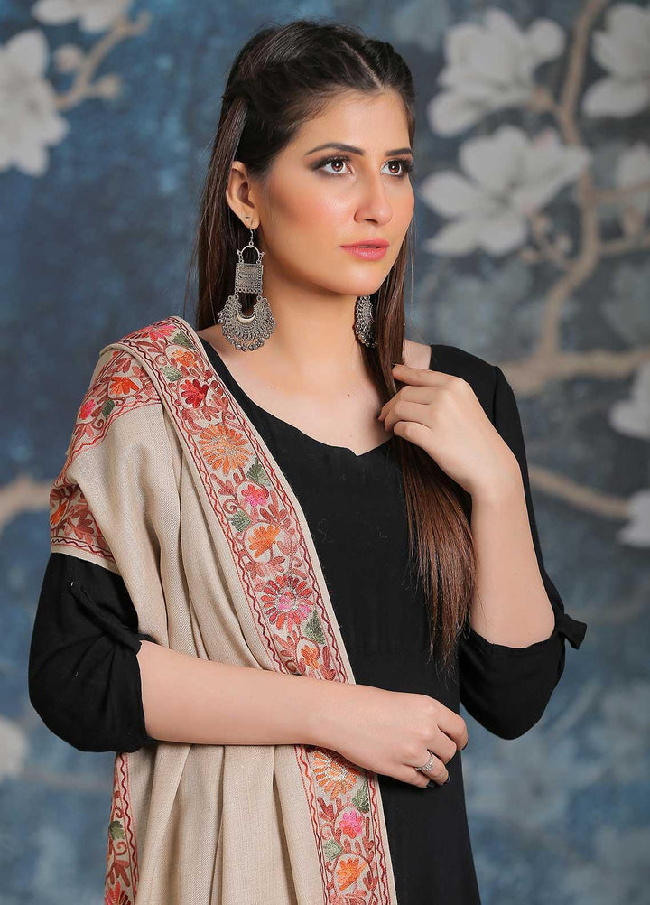 Sanaulla Exclusive Range Embroidered Pashmina  Shawl MIR-34 Fawn 2 - Pashmina Shawls