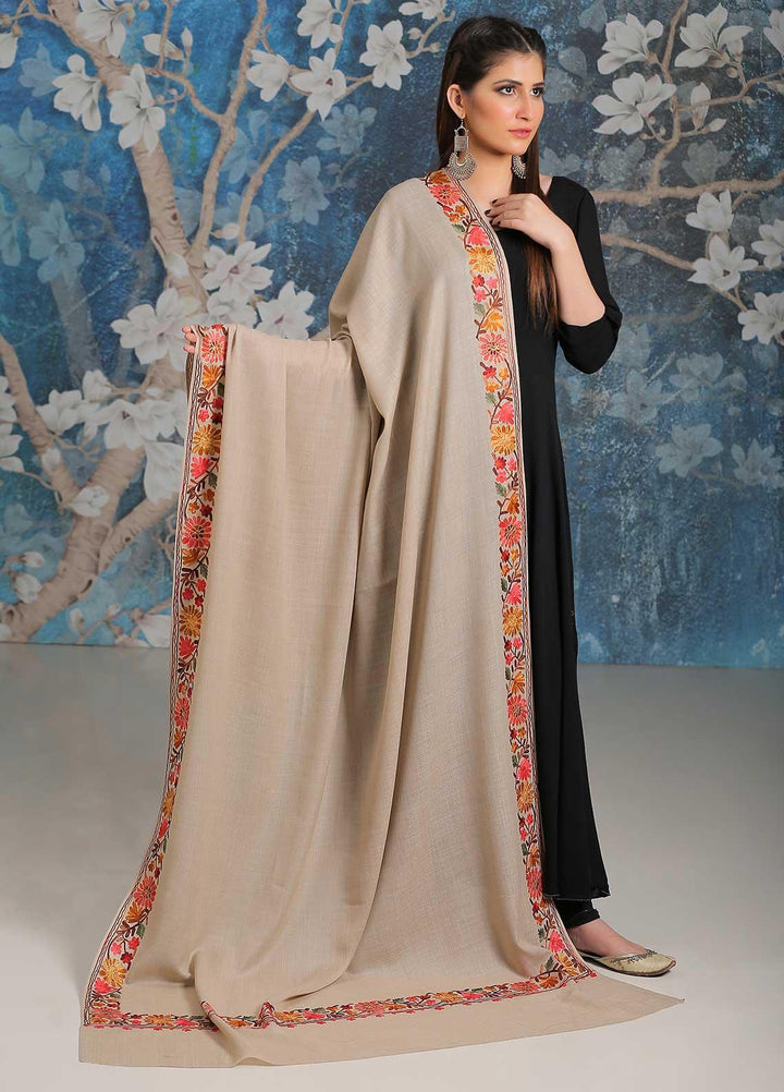 Sanaulla Exclusive Range Embroidered Pashmina  Shawl MIR-34 Fawn 3 - Pashmina Shawls