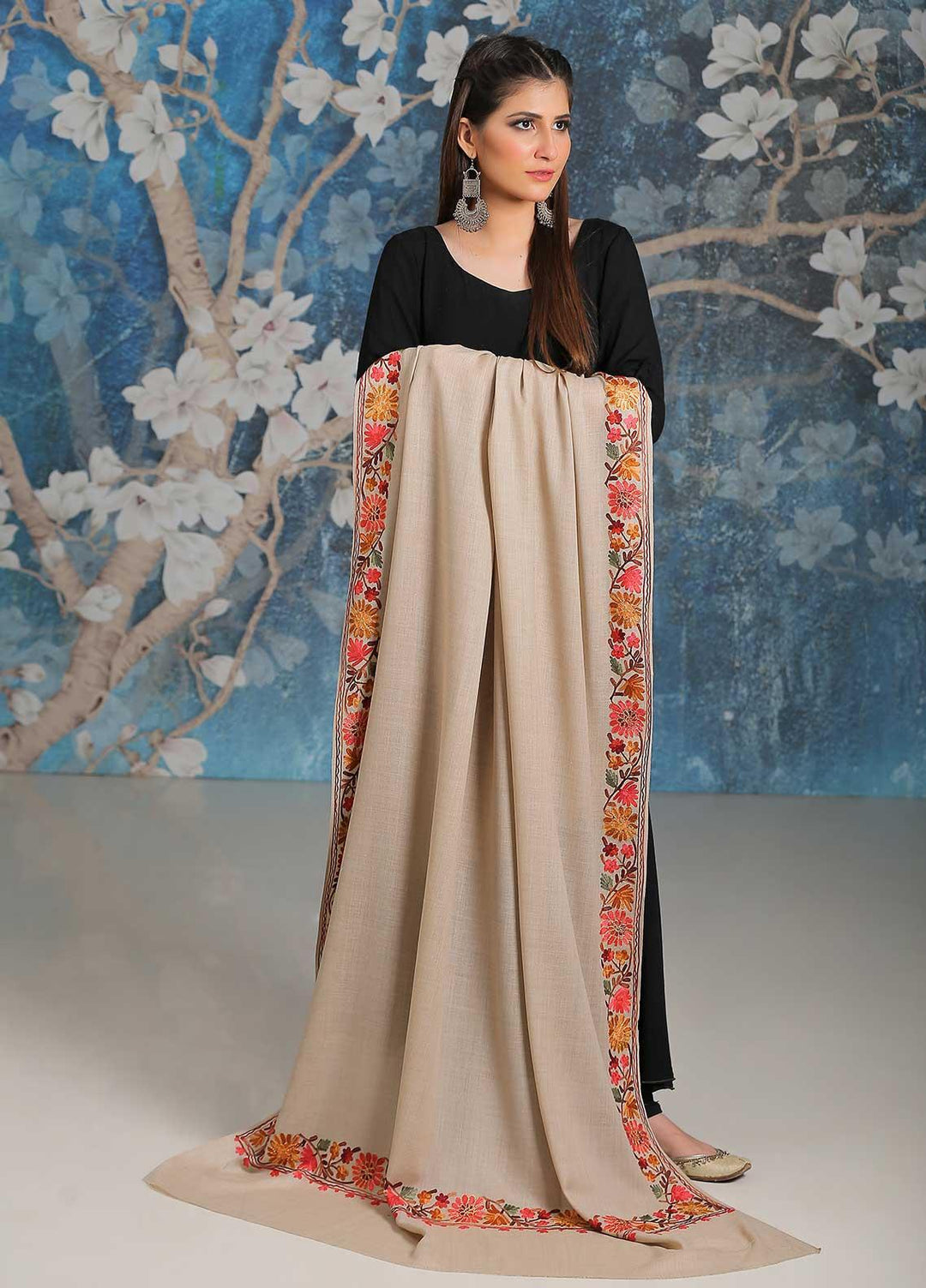 Sanaulla Exclusive Range Embroidered Pashmina  Shawl MIR-34 Fawn 3 - Pashmina Shawls