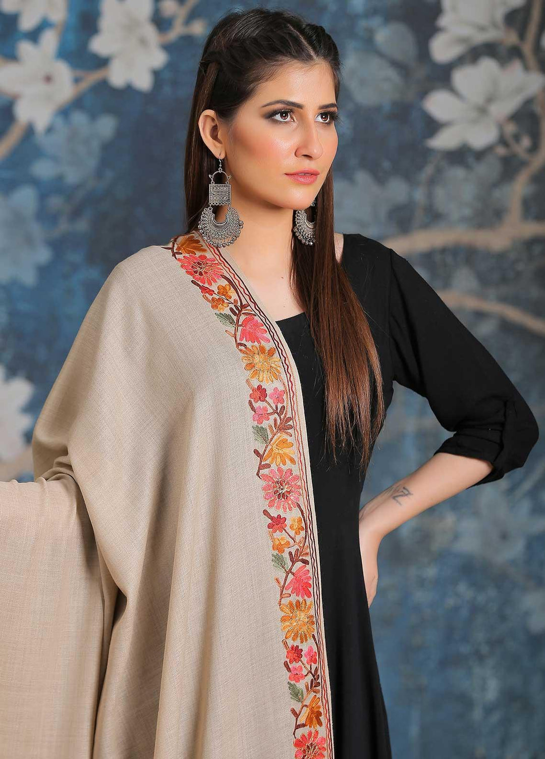 Sanaulla Exclusive Range Embroidered Pashmina  Shawl MIR-34 Fawn 3 - Pashmina Shawls