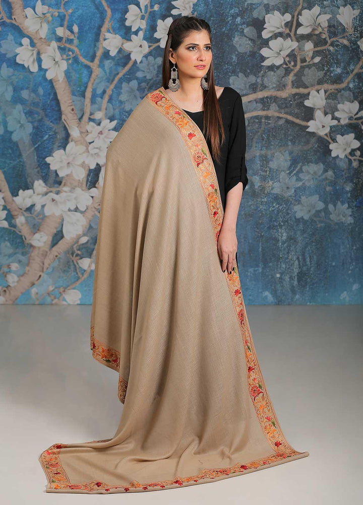 Sanaulla Exclusive Range Embroidered Pashmina  Shawl MIR-34 Fawn 4 - Pashmina Shawls